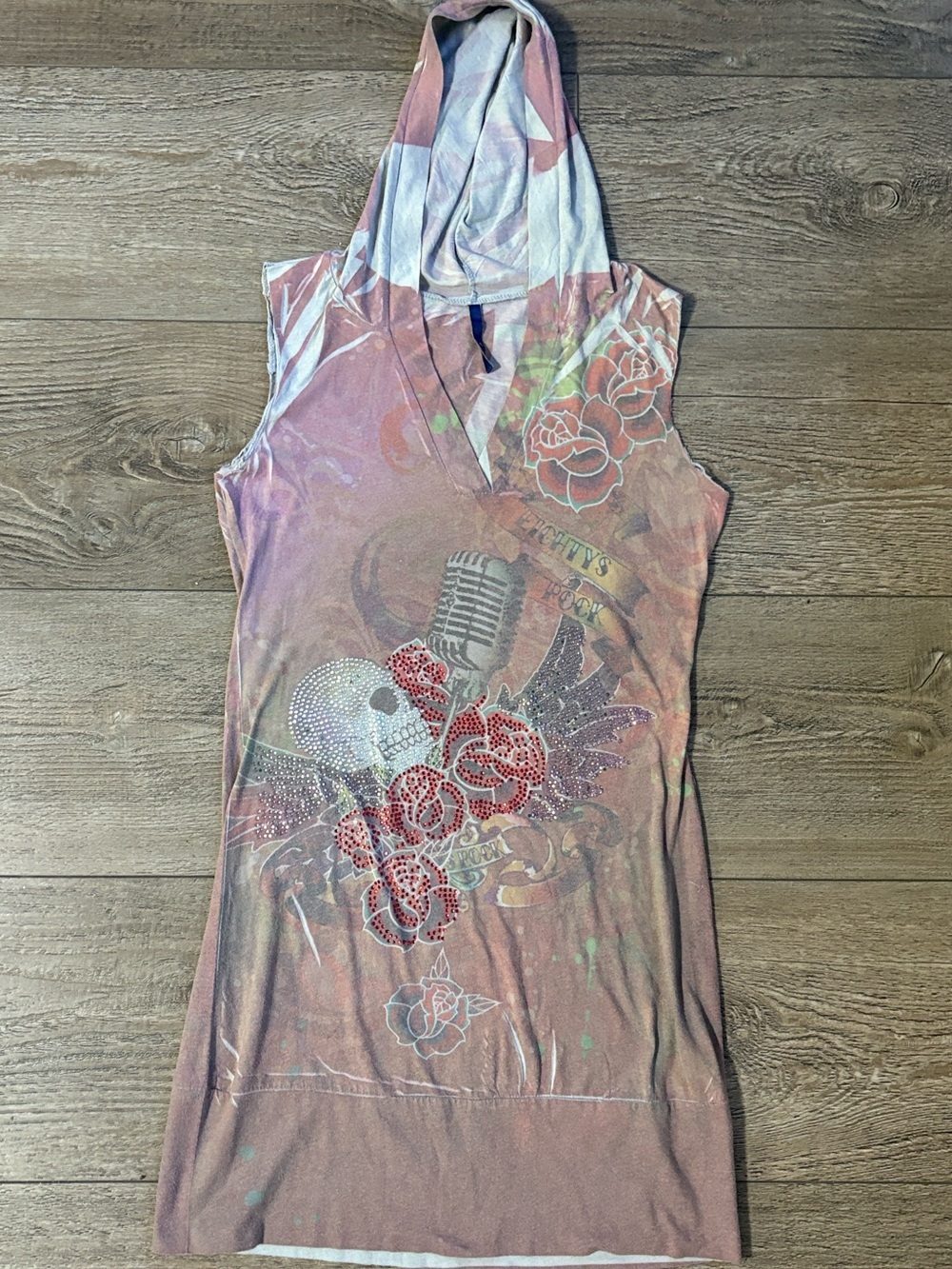 Sleeveless Hooded Tank Top in Faded Pink with Floral & Skull Graphic